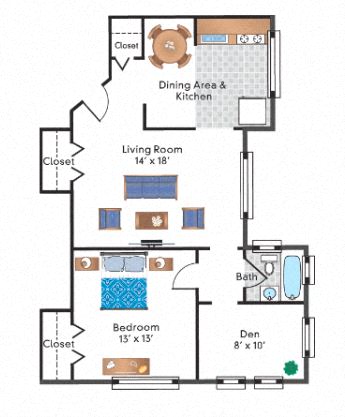 Floor plan for 1 bed, 1 bath, 874 sqft